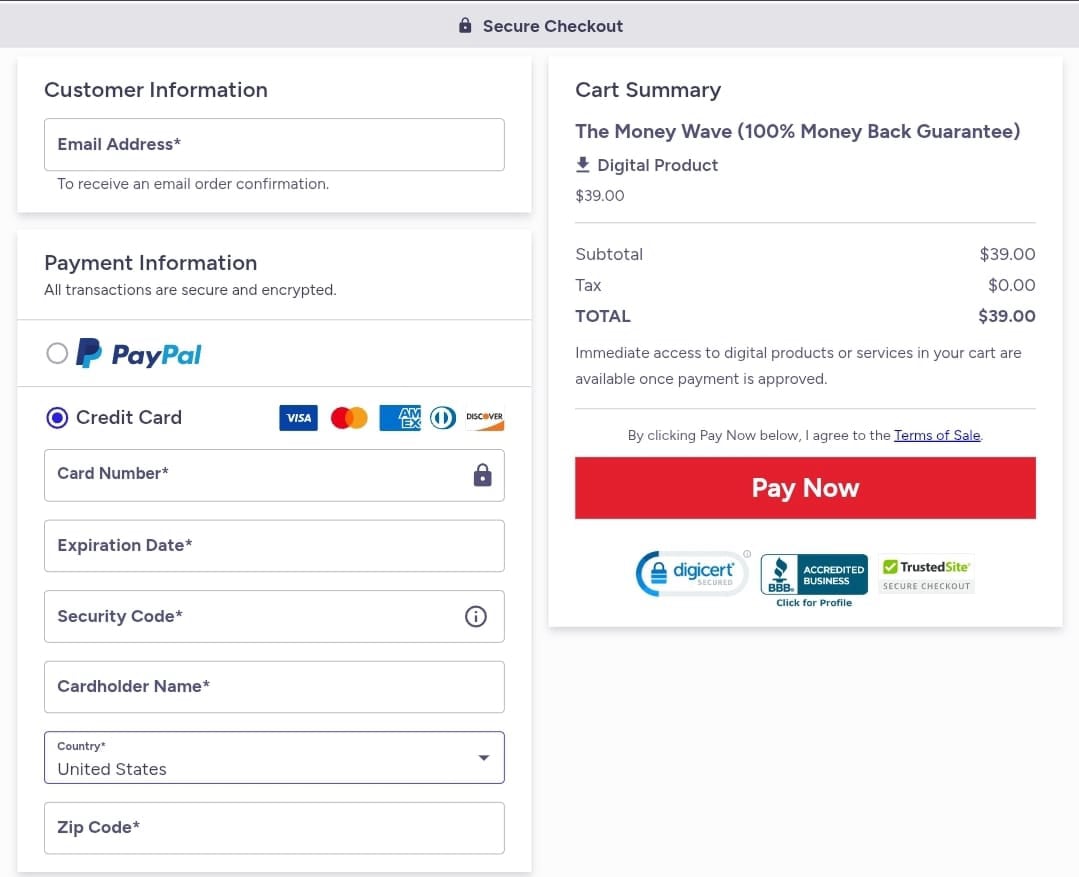 The Money wave Checkout Page
